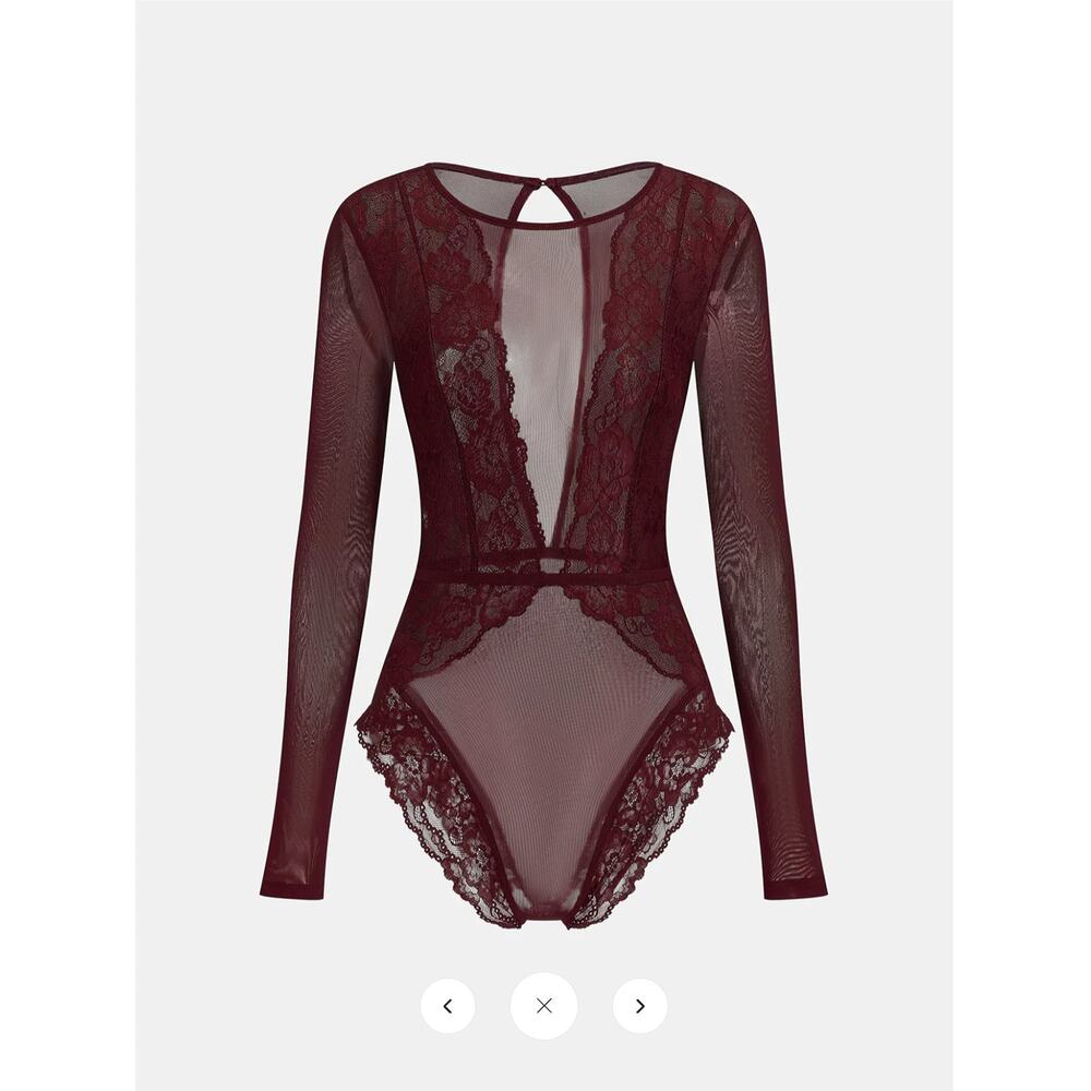 NWT Commense Long Sleeve Sheer Lace Mesh Bodysuit Sz M